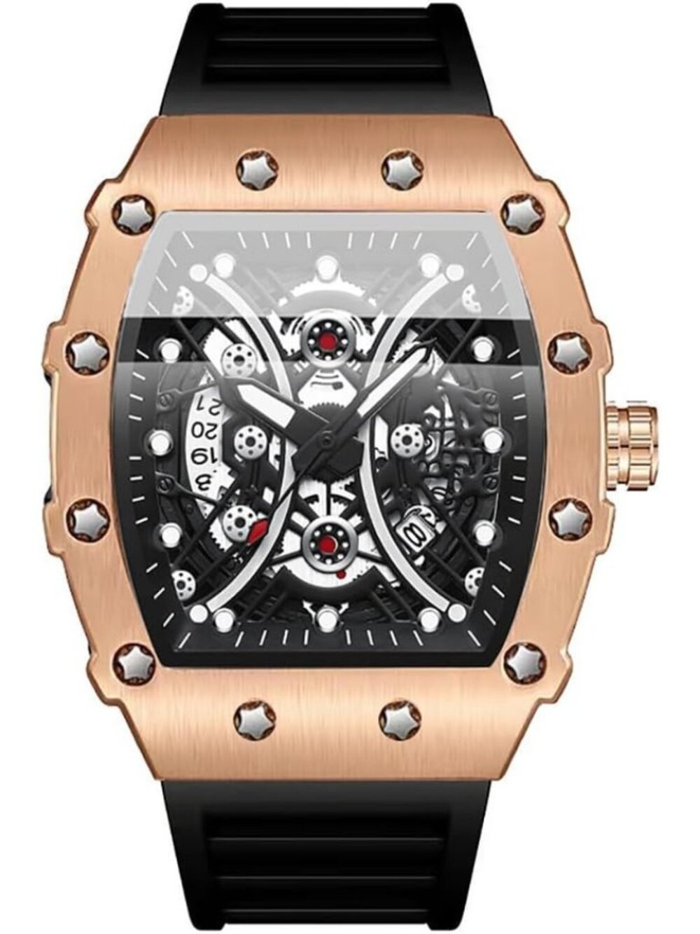 Men's Black Rose Gold Analog Silicone Strap Barrel-Shaped Skeleton Luxury Watch